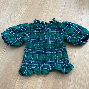 Janie and Jack green navy blue plaid short puff sleeve blouse top 5